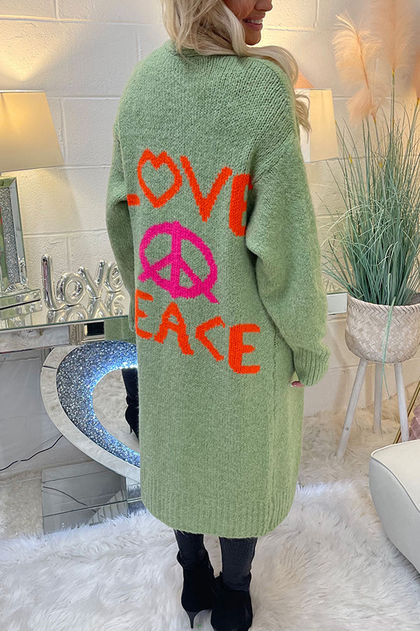 Neon Love Peace Chunky Knit Pocket Straight Midi Cardigan