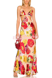 Hawaiian Dreams Satin Floral Print Cutout Backless Maxi Dress