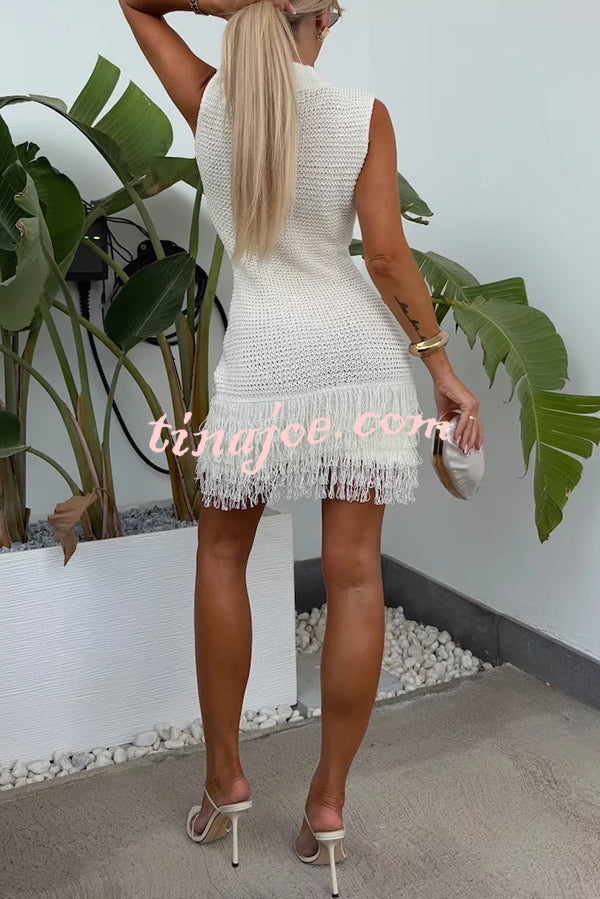 Fashion Knitted Round Neck Sleeveless Slim Fit Fringed Hem Mini Dress