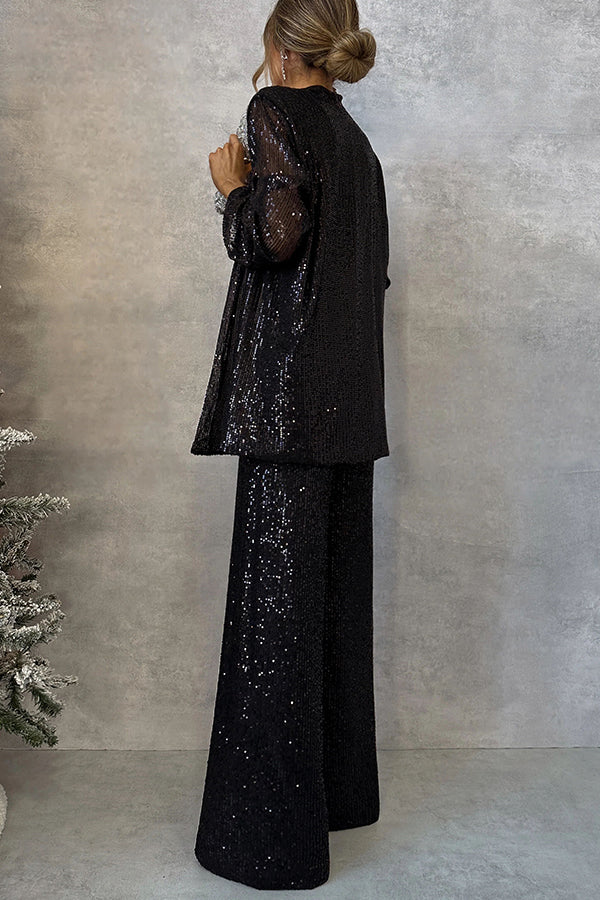 Party Scene Sequin Open Front Long Sleeve Drape Coat