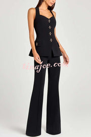 Women Power Metal Cross Snap Button Sweetheart Neck Wide Strap Vest