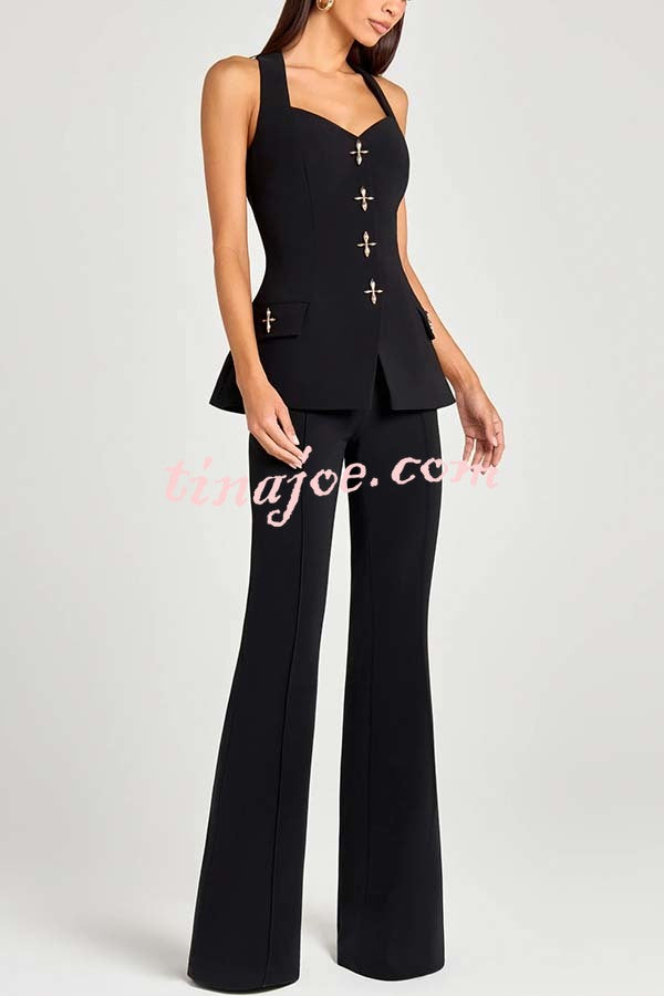 Women Power Metal Cross Snap Button Sweetheart Neck Wide Strap Vest