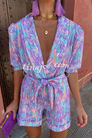 Joyful Smiles Printed Puff Sleeve Lapel Belted Romper