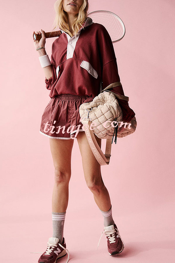 Fashion Contrast Color Stitching Stand Collar Long Sleeve Top and Elastic Waist Loose Pocket Shorts Set