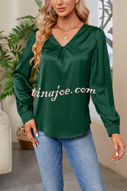 Satin Pleated V-neck Long-sleeved Loose Shirt