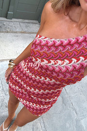 Playful Colorful Knitted Slim-fitting Offset Neck Stretch Mini Dress