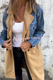 Fashion Lapel Long Sleeve Pocket Mid-length Denim Patchwork Jacket