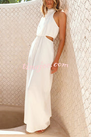 Solid Color Resort Style Halter Neck Waist Pocket Wide Leg Jumpsuit