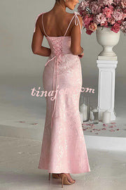 Jacquard Fabric Elegant Suspender Tie Slim Fishtail Maxi Dress