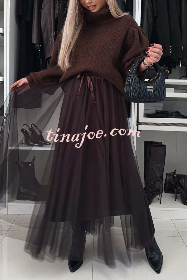 Romantic Winter Tulle Bow Elastic Waist Pleated Maxi Skirt