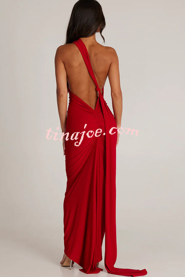 Sexy Backless Pleated Slim Solid Color Sleeveless Elegant Maxi Dress