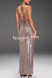 Light Up The City Sequin Cutout U-neck Back Lace-up Maxi Dress