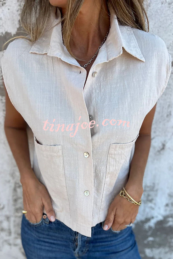 Linen Blend Solid Lapel Loose Pocket Sleeveless Top