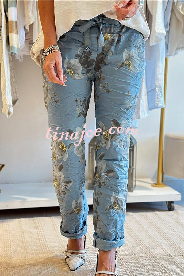 Floral Print Elastic Waist Casual Pocket Pants