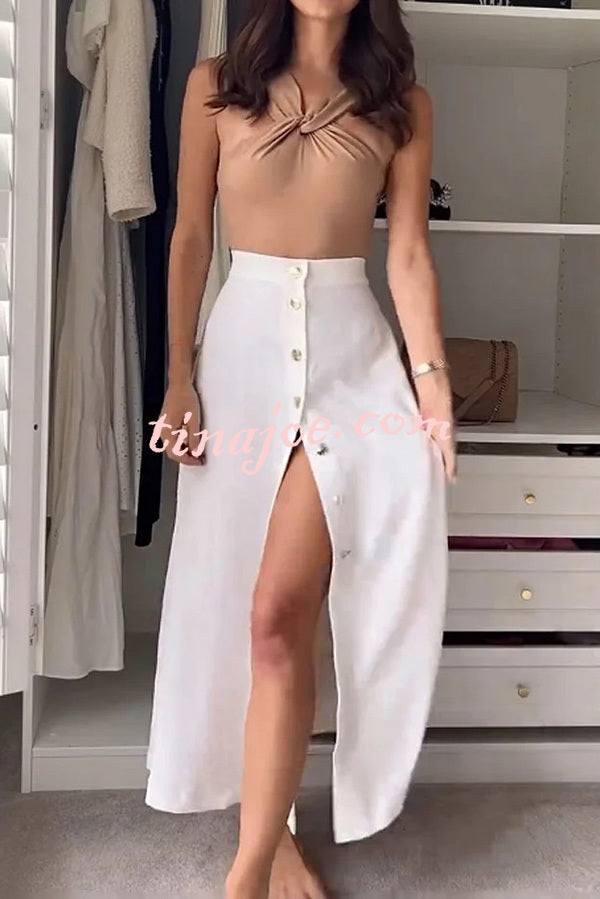 Stylish Sleeveless Stretch Fit Top and Relaxed Buttoned Slit Maxi Skirt Set