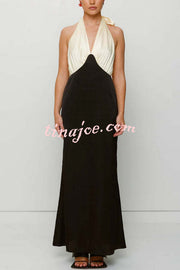 Like A Gem Satin Colorblock Halter Backless Party Maxi Dress