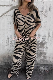 Zebra Print V-neck Short-sleeved Lace-up Top and Elastic Waist Pocket Straight-leg Pants Set