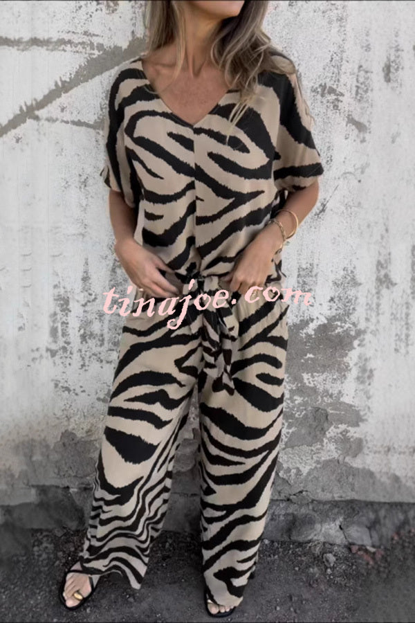 Zebra Print V-neck Short-sleeved Lace-up Top and Elastic Waist Pocket Straight-leg Pants Set