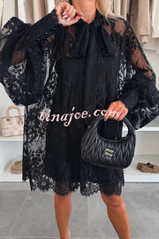 Night Rose Lace Bow Neck Long Balloon Sleeve A-line Mini Dress