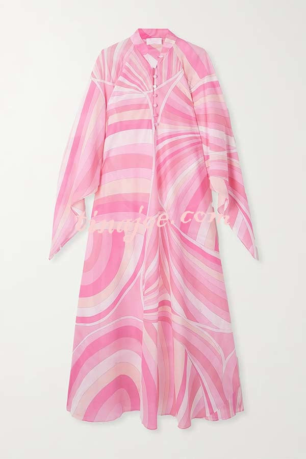 Jodie Chiffon Unique Print Stand Neck Buttons Butterfly Sleeves Kaftan Maxi Dress