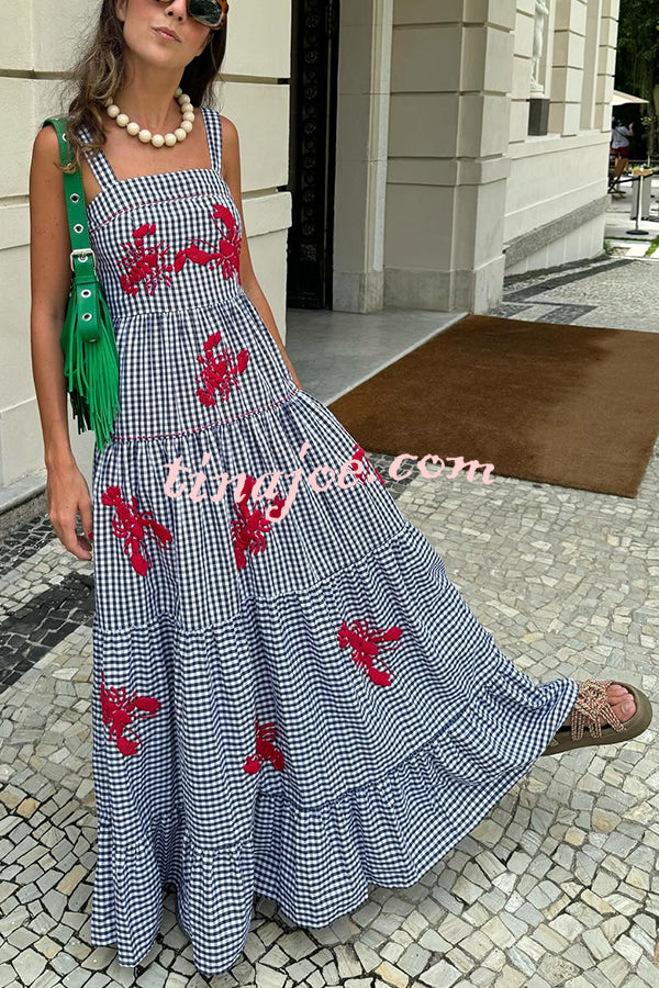 Funny Summer Plaid Lobster Print Square Neck Layered Maxi Dress