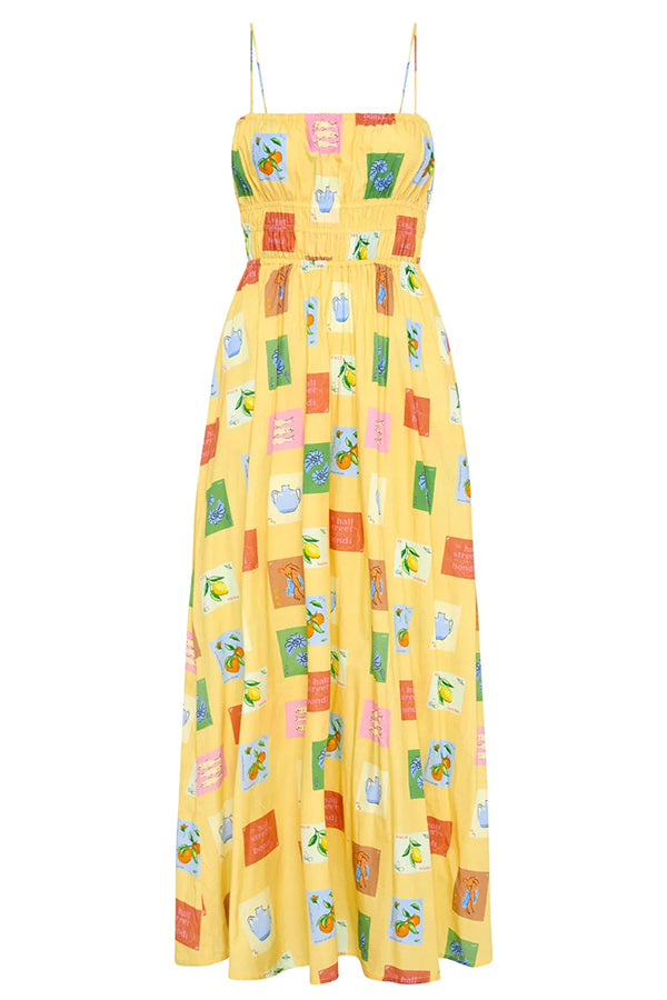 Unique Printed Suspender Backless Pleated Waist Maxi Dress