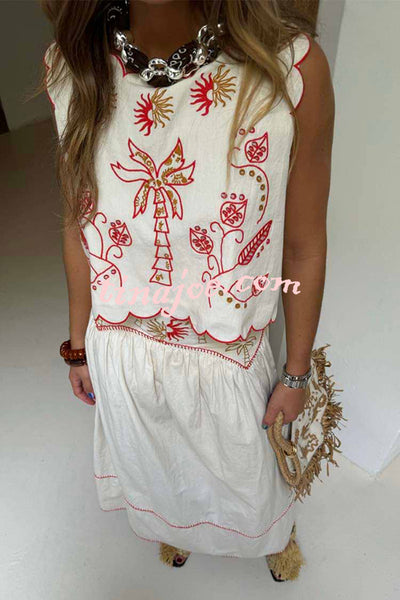 Sunny Day Linen Blend Contrast Embroidered Print Scallop Trim Lace-up Top