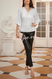 Solid Color Sequined V-neck Hollow Sleeve Slim Fit Top