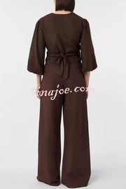 Lets Go Out Linen Blend Balloon Sleeve Wrap Tie-up Loose Top