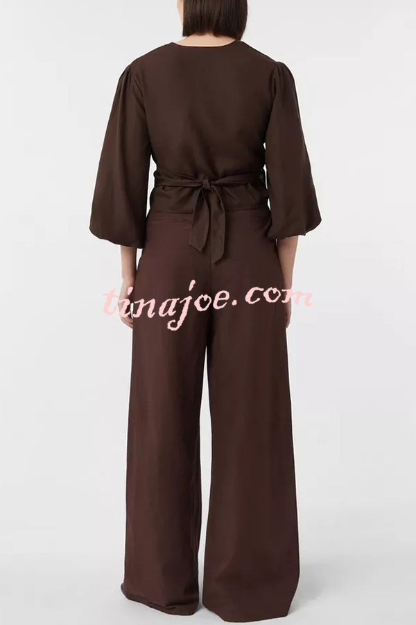 Lets Go Out Linen Blend Balloon Sleeve Wrap Tie-up Loose Top
