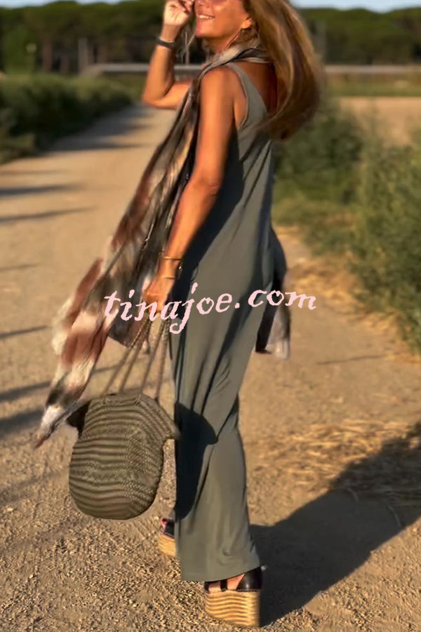 Solid Color V-neck Sleeveless Casual Loose Maxi Dress