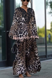 Rayna Lace Mixed Leopard Print Balloon Sleeve A-line Maxi Dress