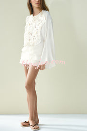 Fashionable Round Neck Tie Hollow Stitching Casual Shirt