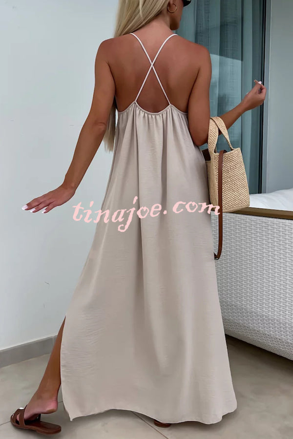 Solid Color Resort Style Spaghetti Strap Backless Maxi Dress