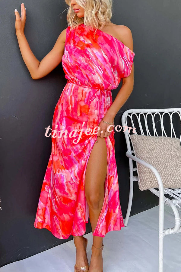 Satin Unique Print One Shoulder Tie Waist Slit Maxi Dress