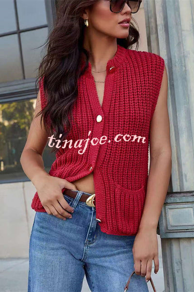 Solid Color Sleeveless Button Pocket Knit Vest