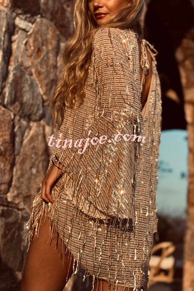 Flowing Shimmer Sequin Tassel Fabric Bell Sleeve Back Tie-up Loose Mini Dress