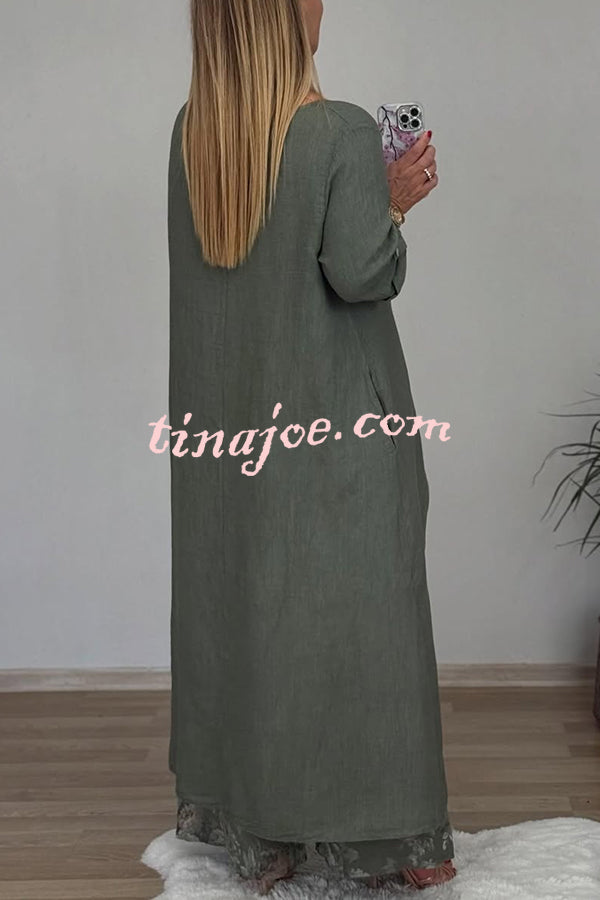 Linen Blend Crew Neck Long Sleeve Irregular Loose Top and Elastic Waist Floral Print Casual Pocket Set