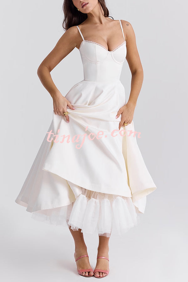 Fairytale Vibe Satin Patchwork Tulle Sweetheart Neck Pocket Stretch Midi Dress