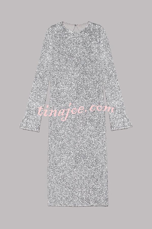 Ignite Sparkly Nights Sequin Extra Long Sleeve Open Back Loose Midi Dress