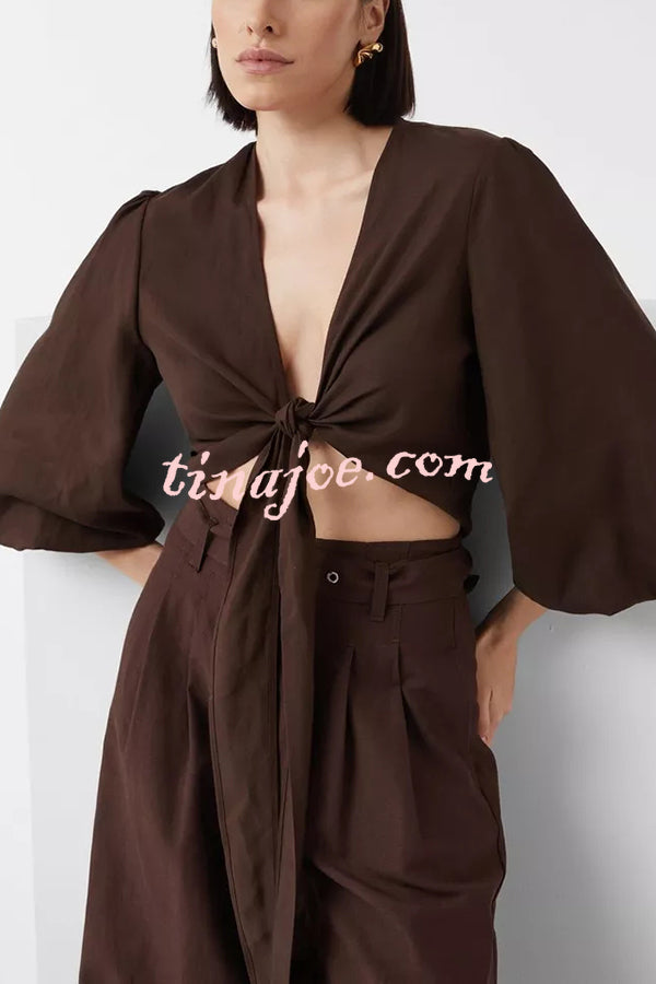 Lets Go Out Linen Blend Balloon Sleeve Wrap Tie-up Loose Top