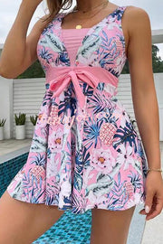 Cheerful Floral Print Bow Detail Tankini Swimsuit Set