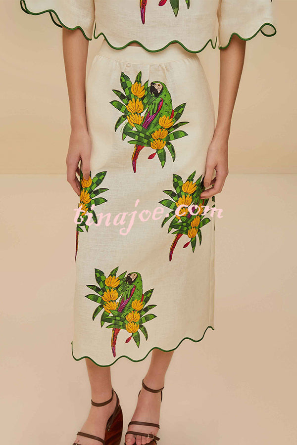 Parrot Print Round Neck Loose Crop Top and Elastic Waist Pocket Casual Midi Skirt Set