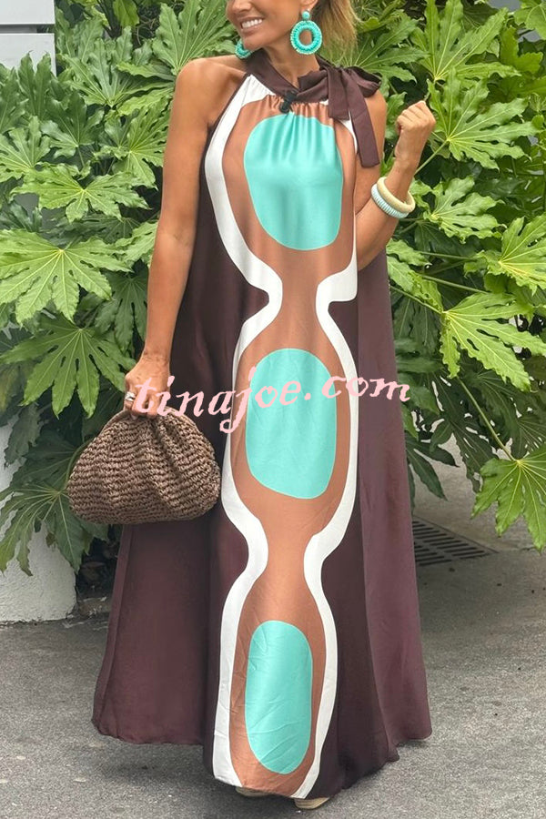 Unique Print Sleeveless Halter Neck Loose Holiday Maxi Dress