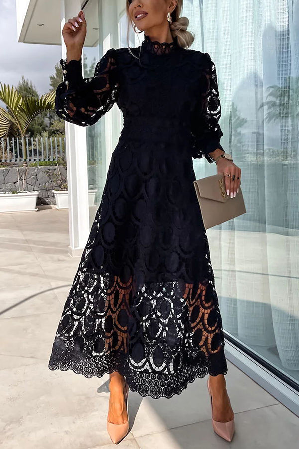 Romantic, Sensual and Elegant Crochet Lace Lantern Sleeve Party Midi Dress