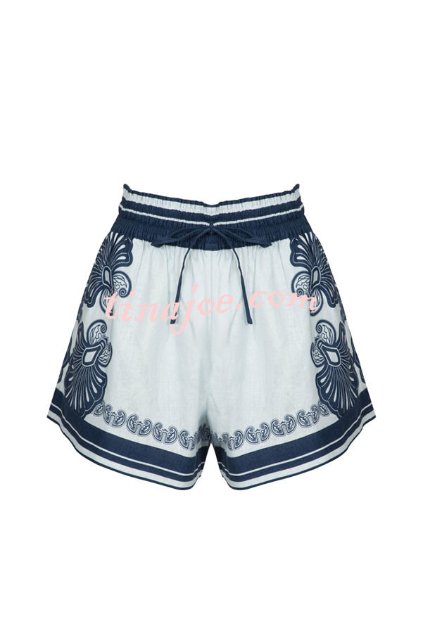 Jiya Linen Blend Unique Print Halter Scarf Tank and Elastic Waist Pocket Shorts Set
