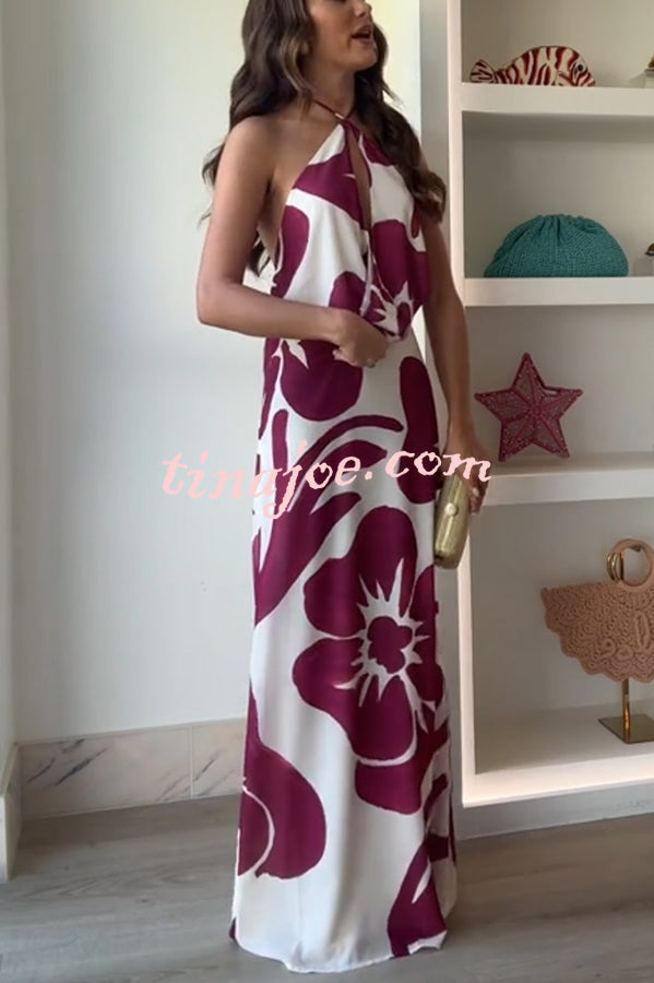 Leslie Flower Print Halter Cutout Cowl Neck Backless Maxi Dress
