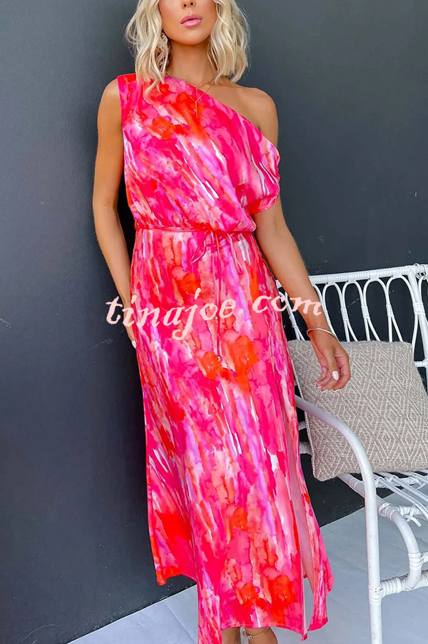 Satin Unique Print One Shoulder Tie Waist Slit Maxi Dress