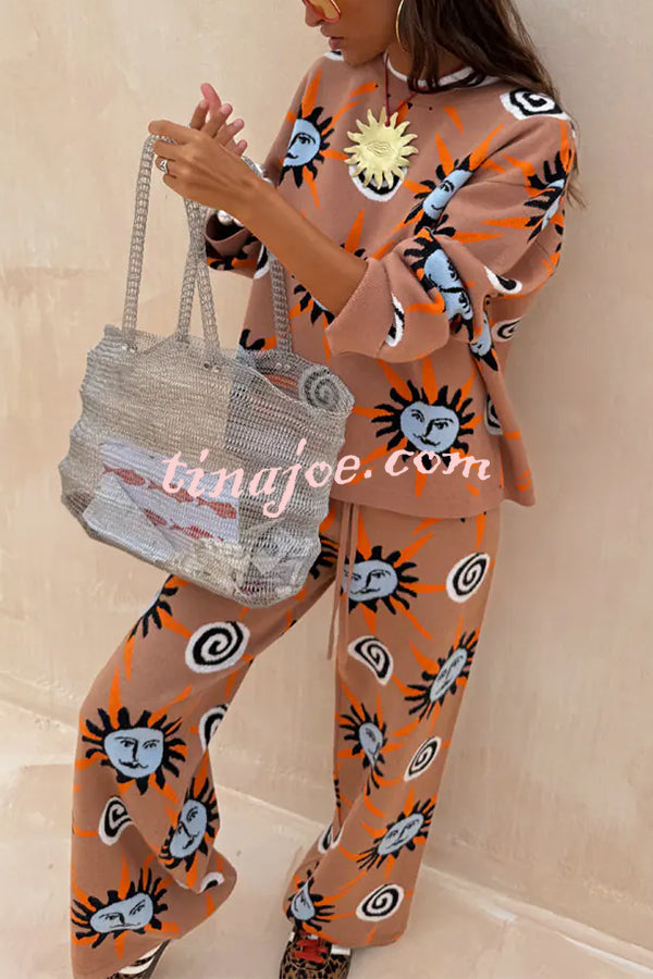 Mediterranean Art Knit Unique Sun Vortex Print Long Sleeve Relaxed Sweater