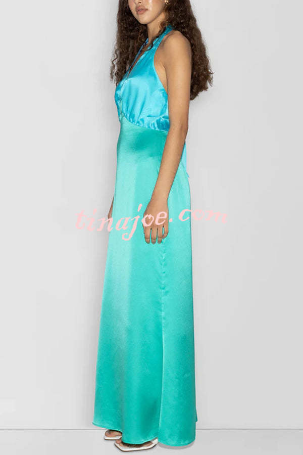 Like A Gem Satin Colorblock Halter Backless Party Maxi Dress